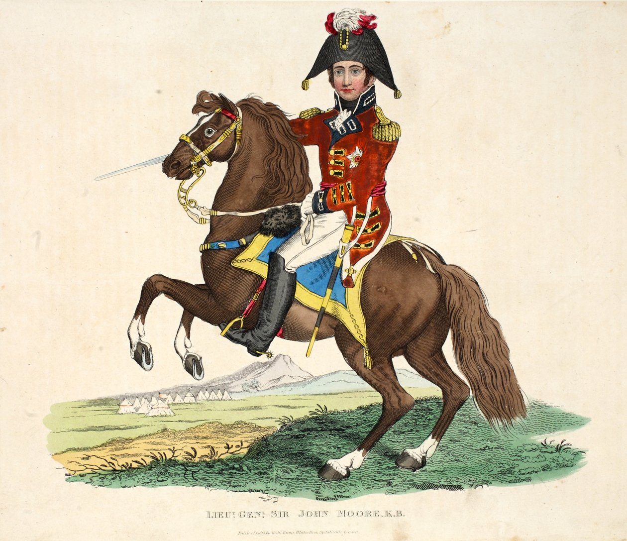 Generálporučík Sir John Moore KB, hospoda od Richarda Evanse, rytý Romney, ilustrace z An Historical Account of the Battle of Waterloo od Williama Mudforda, 1816 od English School