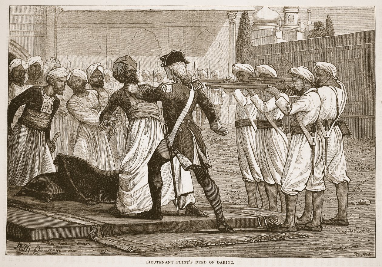 Poručík Flints Deed of Daring, ilustrace z Cassells Illustrated History of India od Jamese Granta, hospoda. 1879 od English School