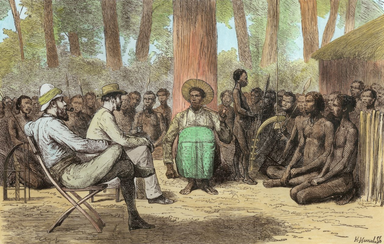 Poručík Verney Lovett Camerons (1844-94) Recepce od Katende, vyryto Horace Harral (pozdější zbarvení) od English School