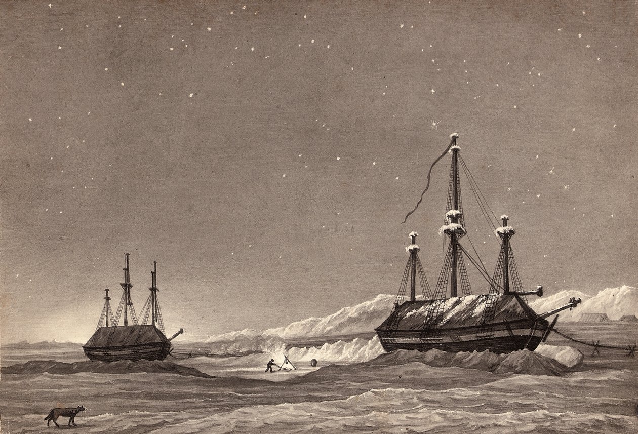První plavba poručíka Williama Parryho: H.M.S. Hecla a H.M.S. Griper ve Winter Harbour, kolem roku 1819 (pero, inkoust a mytí na papíře) od English School