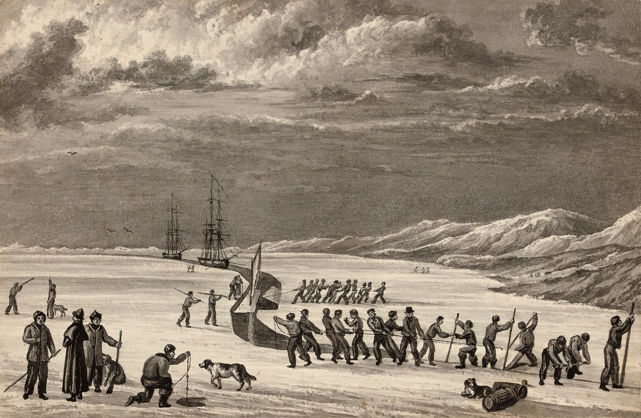 První plavba poručíka Williama Parryho: Posádky H.M.S. Hecla a H.M.S. Griper zasahující do Winter Harbour, kolem roku 1819 od English School