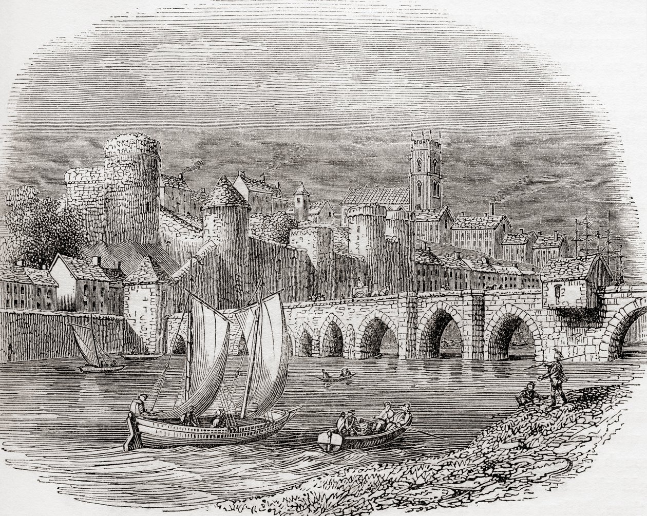 Limerick, hrabství Limerick, Irsko, s hradem krále Jana na řece Shannon a mostem Thomand Bridge, ze staré Anglie: A Pictorial Museum, pub. 1847 od English School