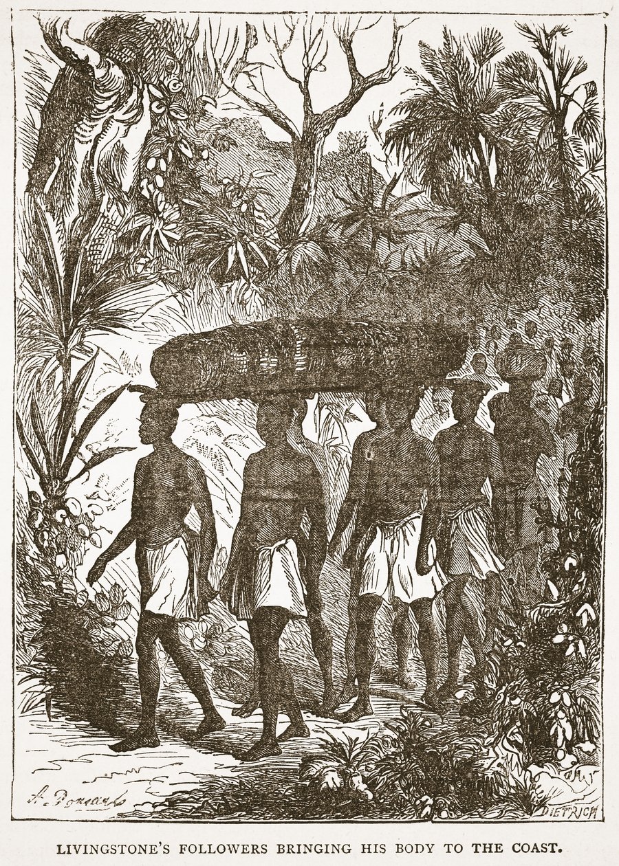 Livingstonovi následovníci přinášející jeho tělo na pobřeží, ilustrace z knihy The Pictorial Edition of the Life and Discoveries of David Livingstone by J. Ewing Richie, pub. by A. Fullarton & Co., 1876 (li od English School