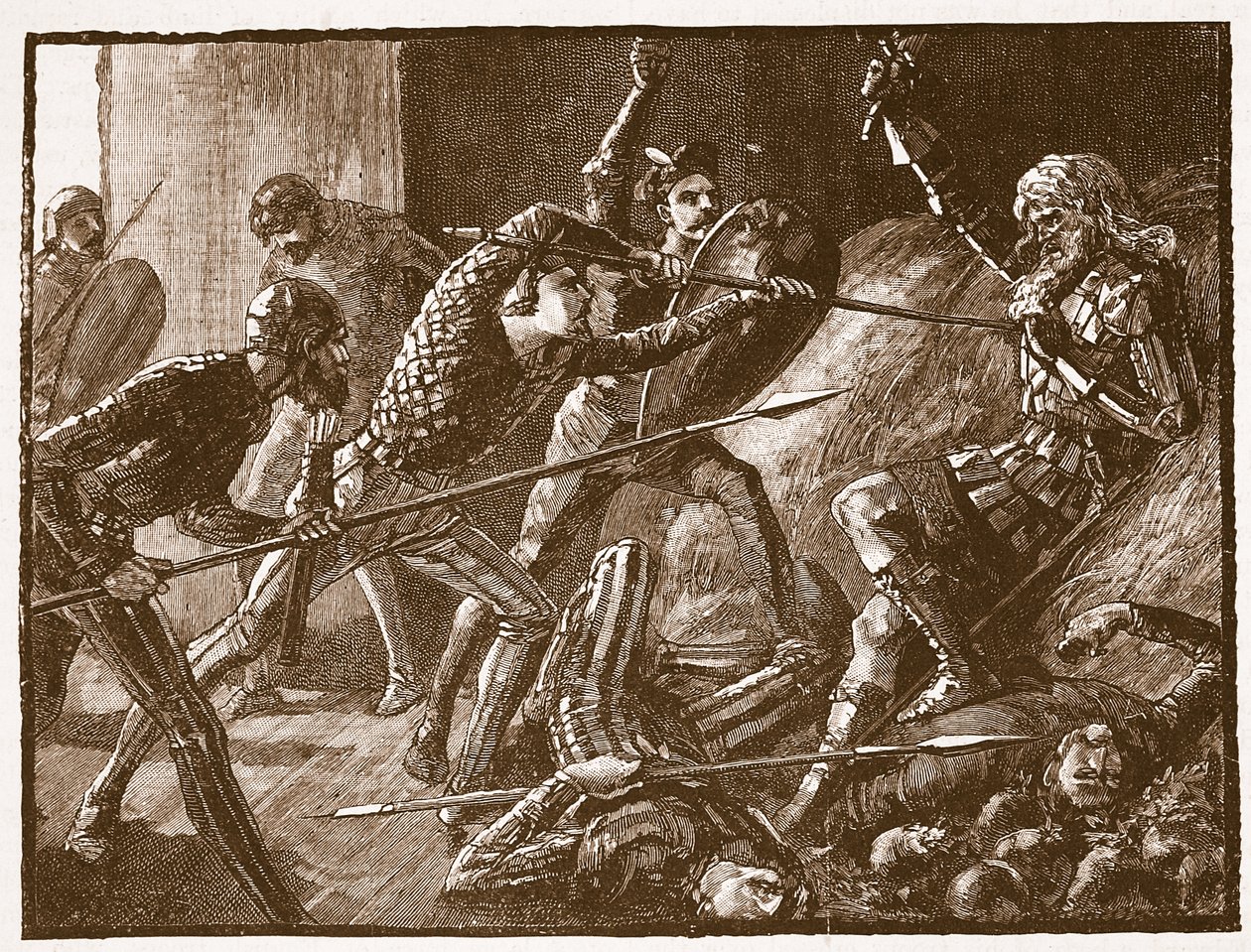 Llewelynův poslední boj, ilustrace z Cassells Illustrated History of England (sépiová fotografie) od English School