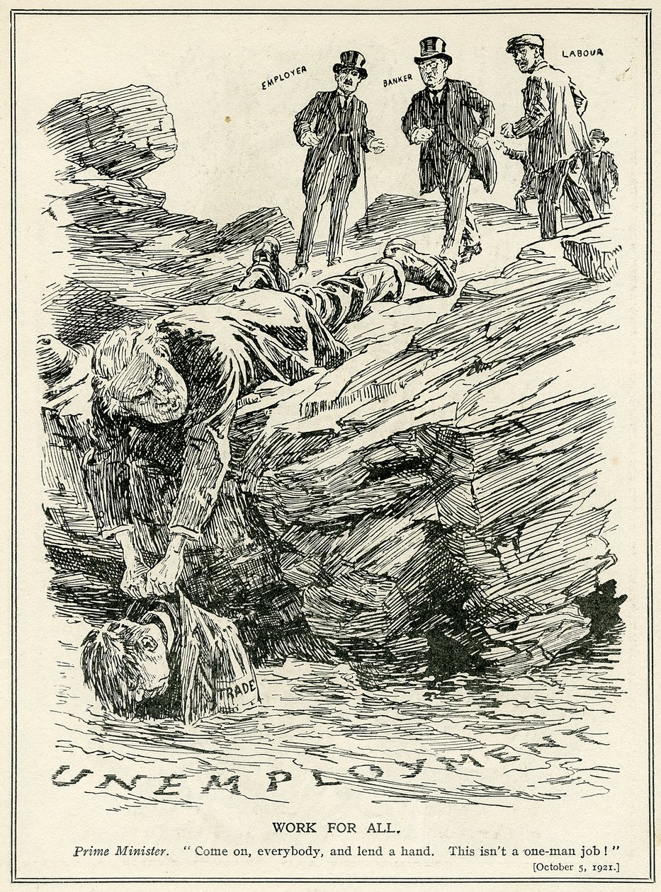 Lloyd George vyzývá zaměstnavatele, bankéře a dělníky ke spolupráci v boji proti nezaměstnanosti, 1921 od English School