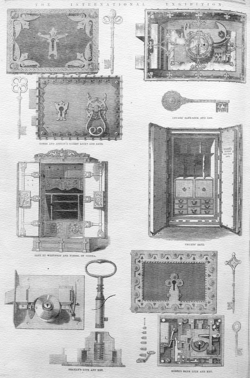 Zámky a trezory vystavené na Velké výstavě v roce 1862, ilustrace z The Illustrated London News, 15. listopadu 1862 od English School