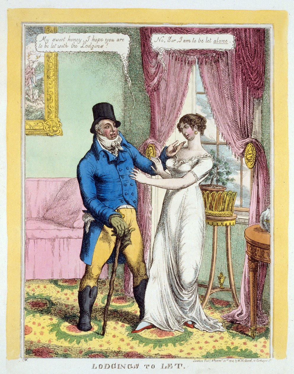 Ubytování k pronájmu, hospoda. 1814 (ručně kolorovaná rytina) od English School