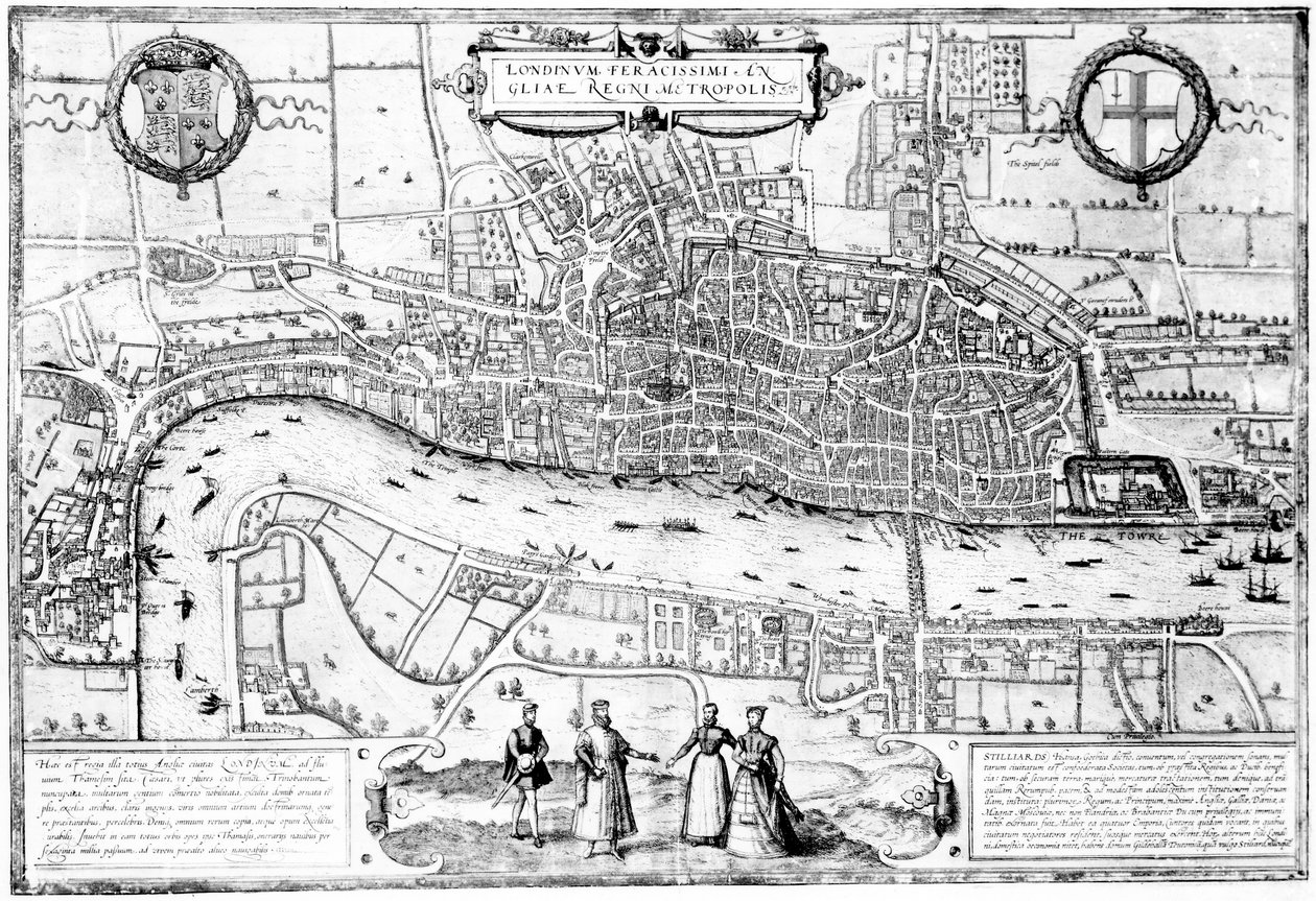 Londinium Feracissimi Angliae Regni Metropolis, ilustrace převzatá z Londýna v době Tudorovců od Sira Walkera Besanta, 1904 od English School