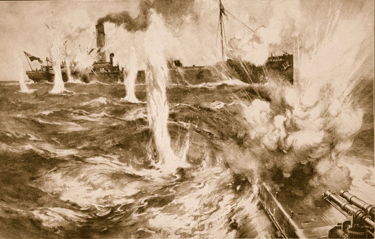 Londýnský Collier Wandle úspěšně zasahuje německou ponorku v Severním moři 29. dubna 1916, 1914-19 od English School