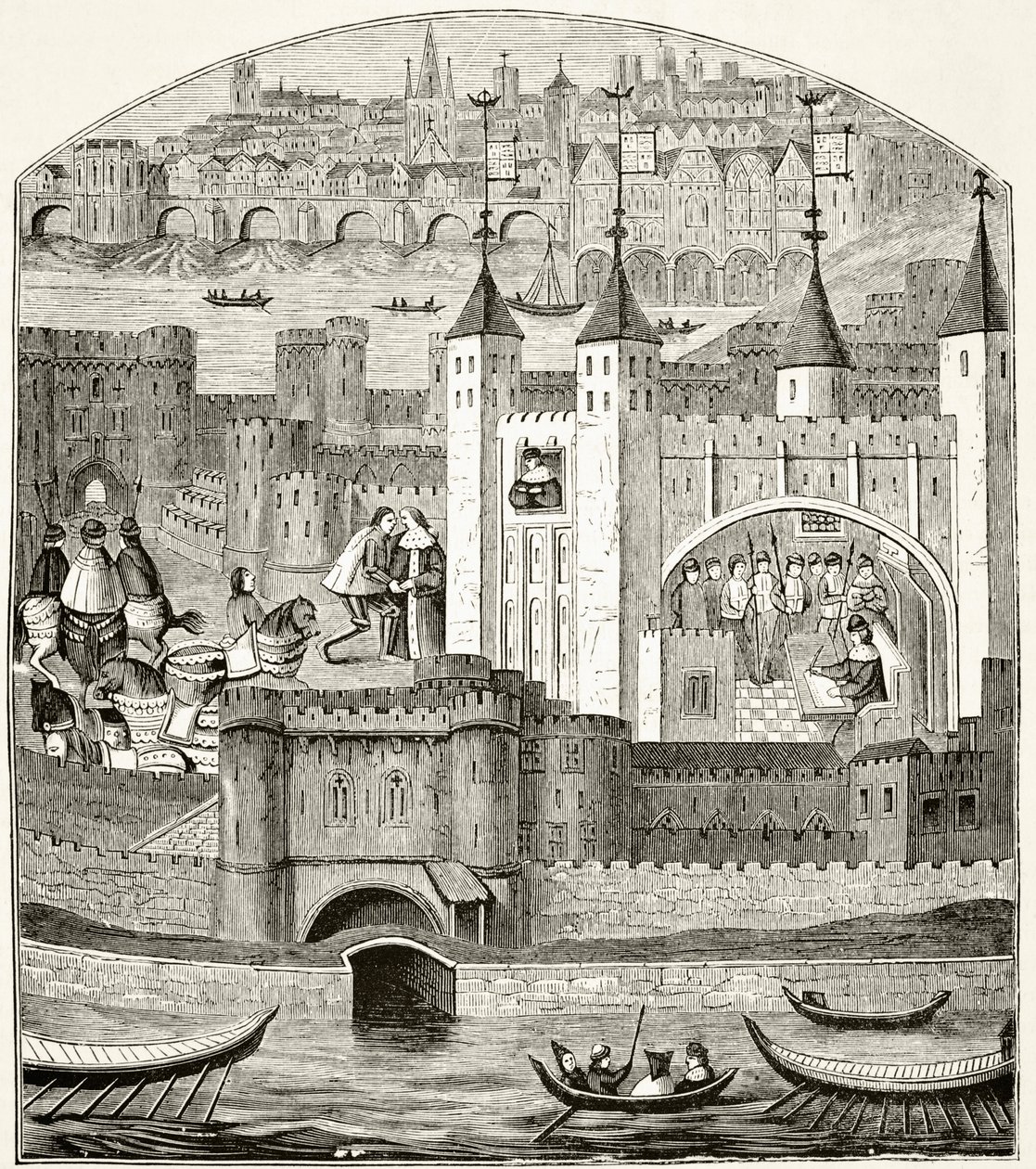 Londýn a Tower of London v 15. století, z „Národních a domácích dějin Anglie“ od Williama Hickmana Smith Aubrey (1858-1916), publikováno v Londýně, kolem roku 1890 od English School