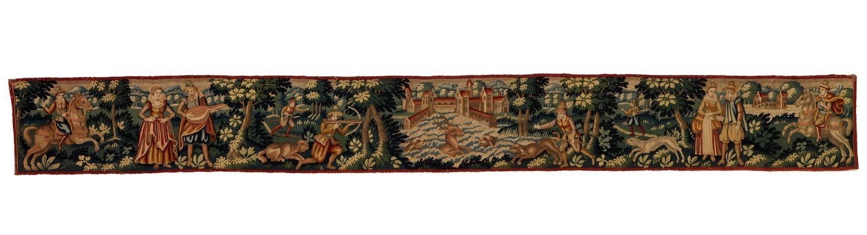 Pitkä kuvakudosnauha, joka kuvaa hahmoja ratsastamassa, kävelemässä ja metsästämässä, n. 1600 (villa) od English School