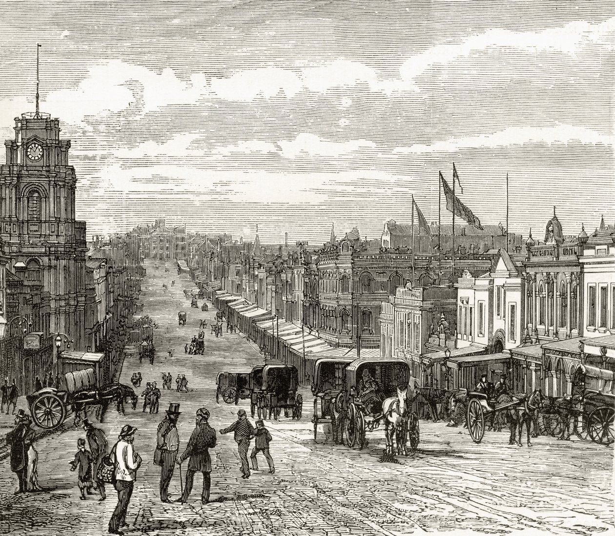 Pohled na východ po Bourke Street, Melbourne, kolem roku 1880, z 