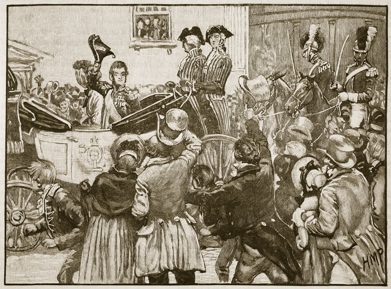 Lord Anglesy opouští Irsko, Kingstown, 1828, ilustrace z Cassells Illustrated History of England (sépiová fotografie) od English School