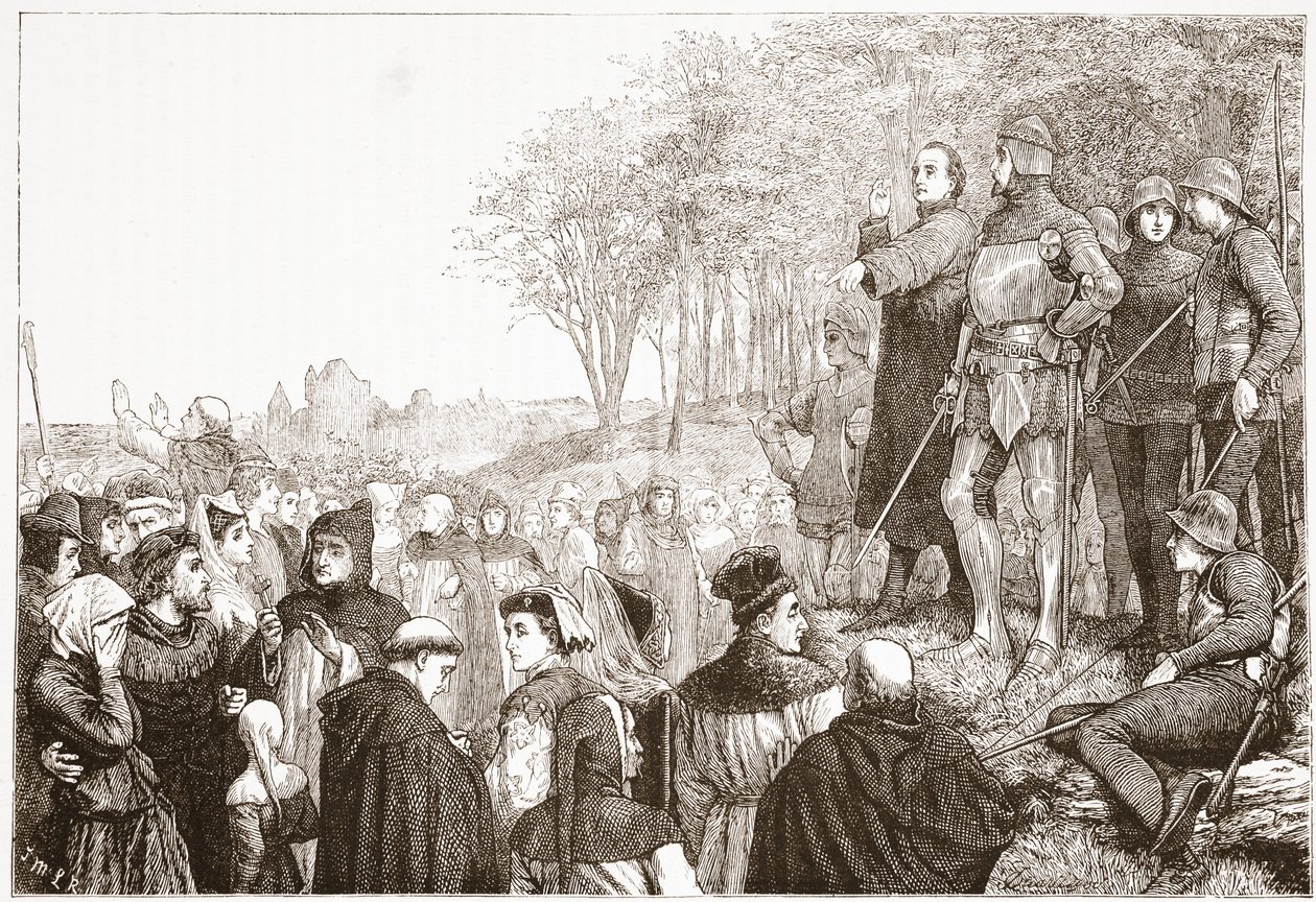 Lord Cobham at a Lollard Preaching, ilustrace z Historie protestantismu od Jamese Aitkena Wylie (1808-1890), hospoda. 1878 od English School