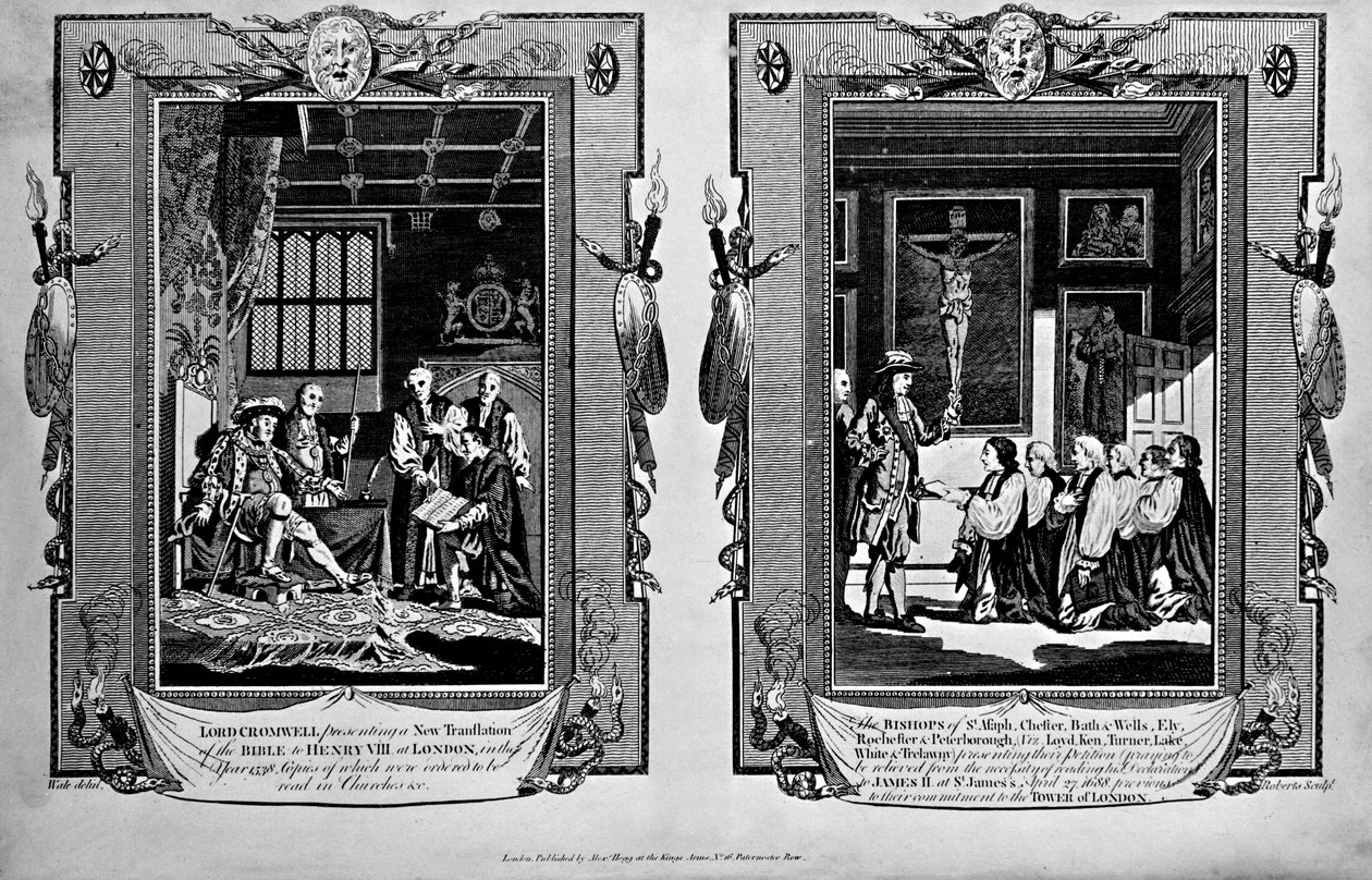 Lord Cromwell předkládá bibli Jindřichu VIII. a biskupům, kteří v roce 1688 předkládají žádost Jakubovi II., z knihy „Nová a úplná kniha mučedníků“ od Paula Wrighta od English School