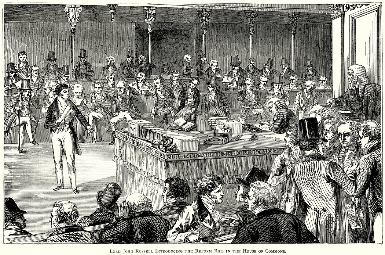 Lord John Russell při představování návrhu zákona o reformě v Dolní sněmovně (rytina) od English School