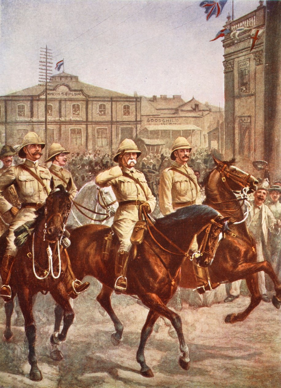 Lord Roberts vjíždí do města Kimberley po úspěšném překonání čtyřměsíčního búrského obléhání, ilustrace z knihy Hutchinsons Story of the British Nation, cca 1920, ilustrace z knihy Hutchinsons S od English School