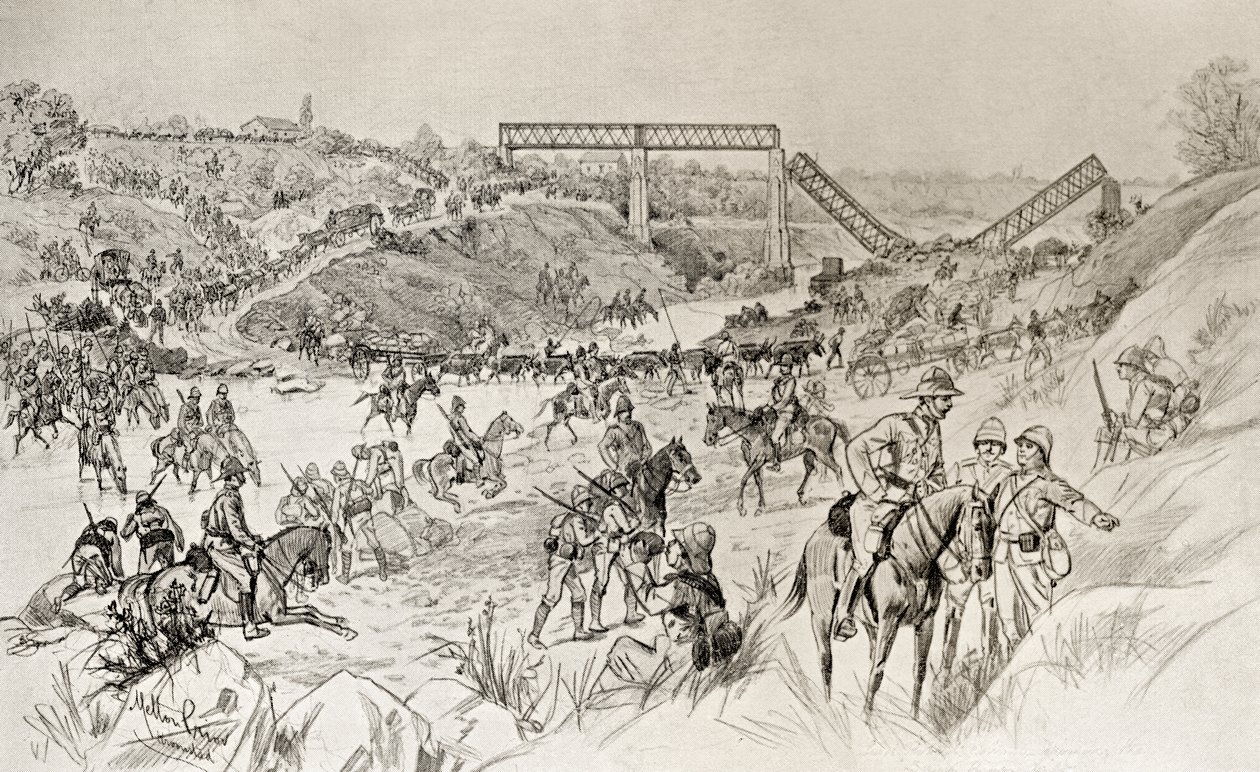 Sloup lorda Robertse překračující Sand River Drift během druhé búrské války, z „Jižní Afrika a válka o Transvaal“ od Louise Creswicke, vydáno 1900 (litho) od English School
