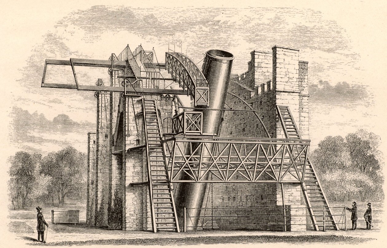 Lord Rosses velký zrcadlový dalekohled, z Příručky popisné astronomie od George F. Chamberse, vydané v Oxfordu, 1890 od English School
