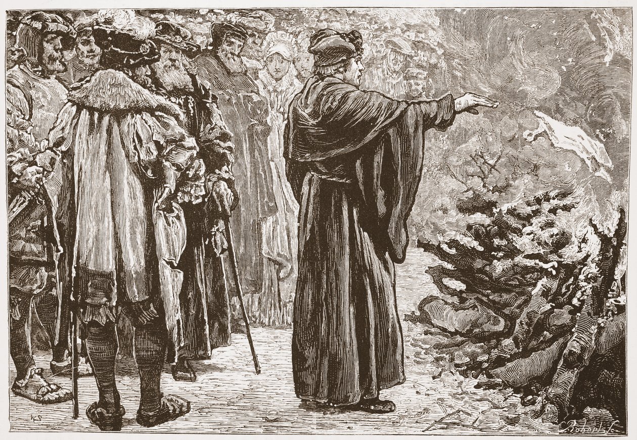 Luther Burning the Popes Bull, ilustrace z Historie protestantismu od Jamese Aitkena Wylie (1808-1890), pub. 1878 od English School