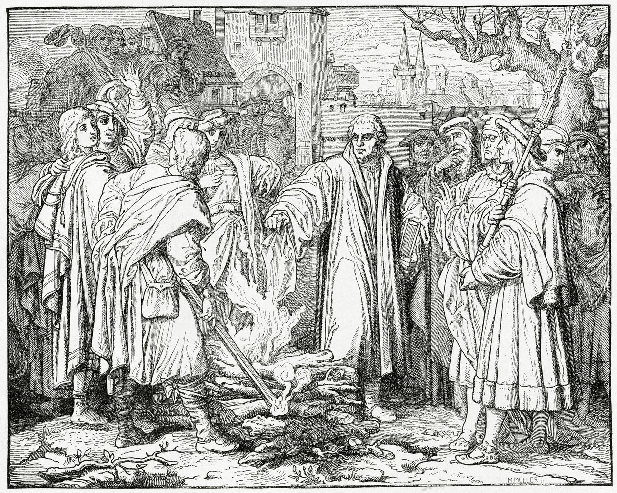 Luther pálí papežskou bulu v roce 1520, 1882 od English School