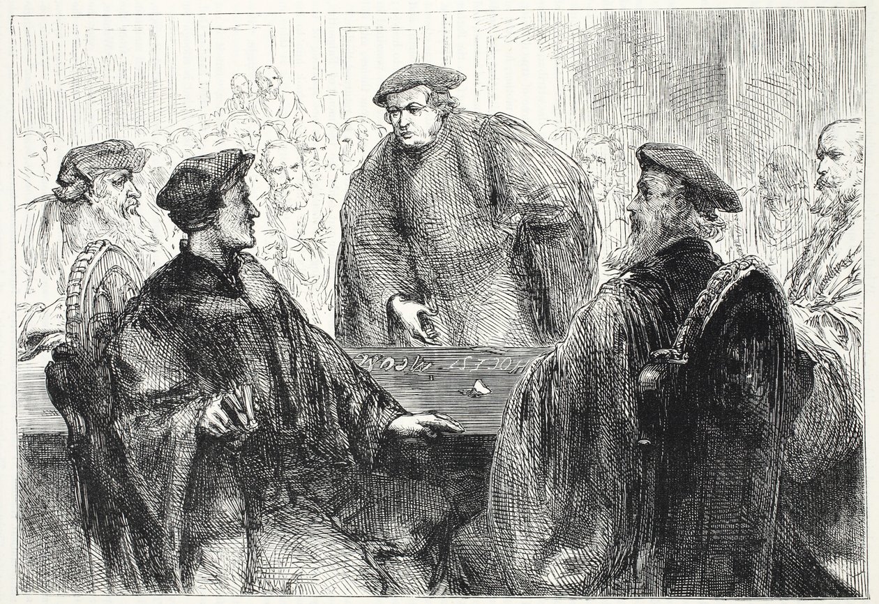Luther a Zwingle diskutující v Marburgu, ilustrace z Historie protestantismu od Jamese Aitkena Wylie (1808-1890), hospoda. 1878 od English School