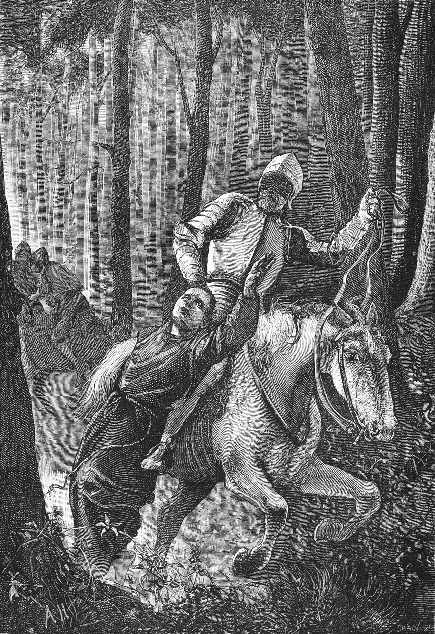 Luther napaden maskovanými jezdci v Durynském lese, ilustrace z Historie protestantismu od Jamese Aitkena Wylie (1808-1890), hospoda. 1878 od English School