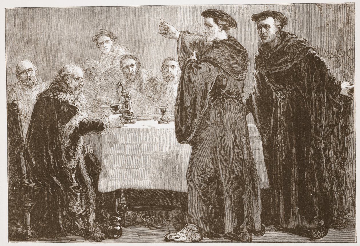 Luther vyzývá Carlstadta, aby proti němu psal, ilustrace z Historie protestantismu od Jamese Aitkena Wylie (1808-1890), hospoda. 1878 od English School
