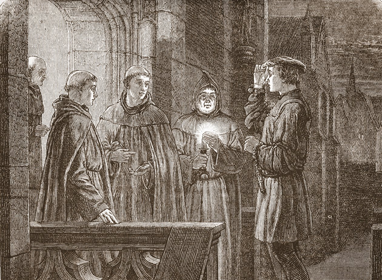 Luther vstupující do augustiniánského kláštera, ilustrace z Historie protestantismu od Jamese Aitkena Wylie (1808-1890), hospoda. 1878 od English School