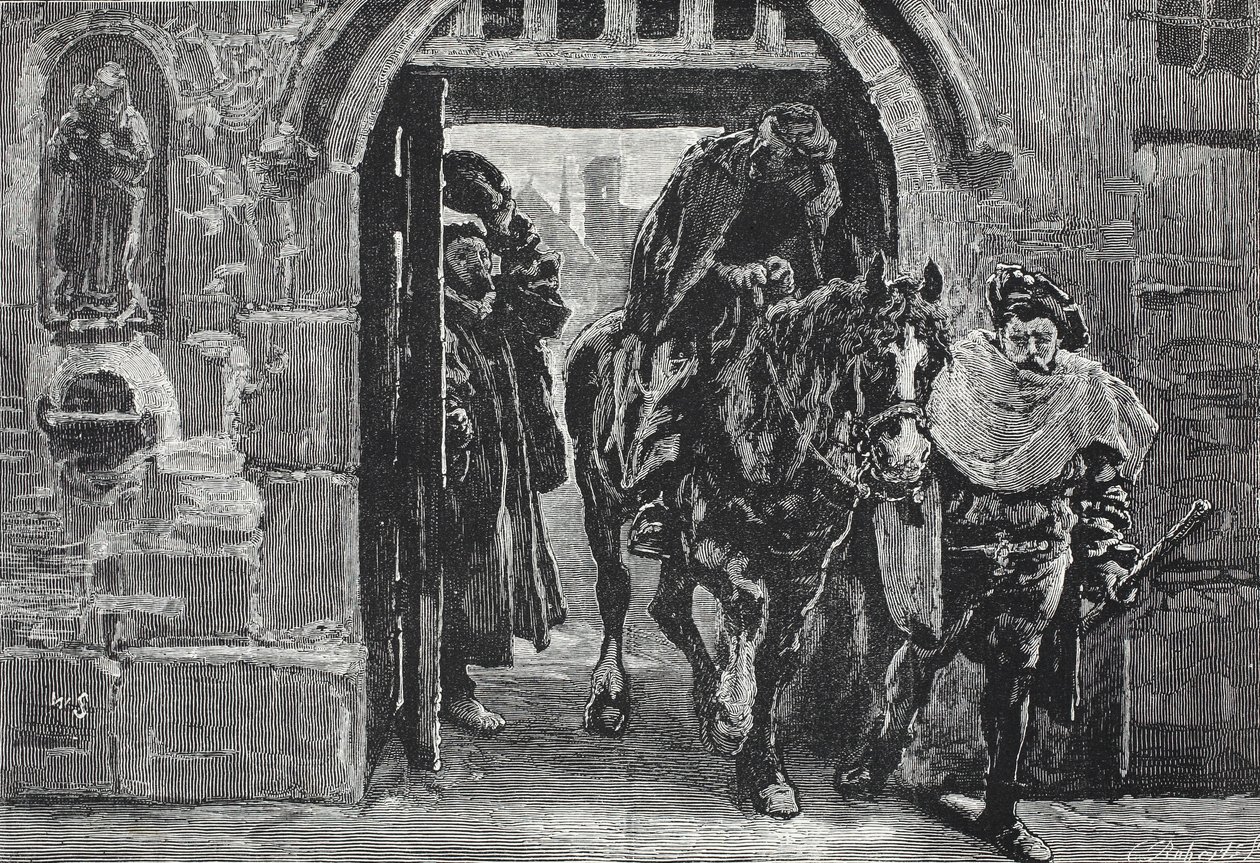 Luther na útěku z Augsburgu, ilustrace z Dějin protestantismu od Jamese Aitkena Wylie (1808-1890), hospoda. 1878 od English School