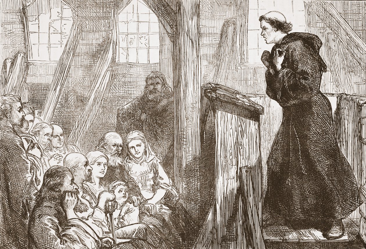 Luther káže ve starém dřevěném kostele ve Wittenbergu, ilustrace z Historie protestantismu od Jamese Aitkena Wylie (1808-1890), hospoda. 1878 od English School