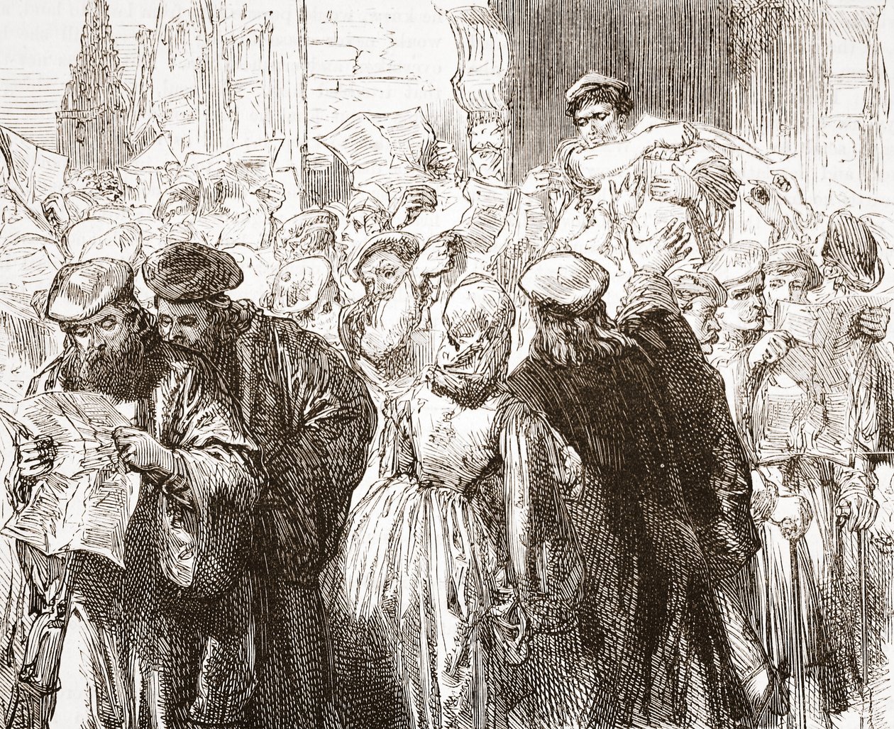Luthersův pamflet: scéna v tiskárně, ilustrace z Dějin protestantismu od Jamese Aitkena Wylie (1808-1890), hospoda. 1878 od English School