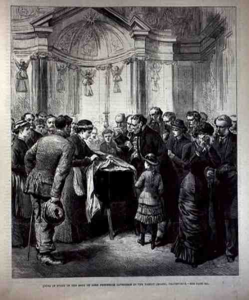 Ležící ve státě, tělo lorda Fredericka Cavendishe (1836-82) v rodinné kapli, Chatsworth, z The Illustrated London News, 20. května 1882 od English School