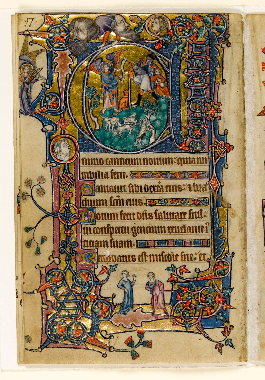 MS 1-2005, fol. 139v: Zvěstování pastýřům, historizovaná iniciála z Macclesfieldského žaltáře, Use of Sarum, Východní Anglie, cca 1330 od English School