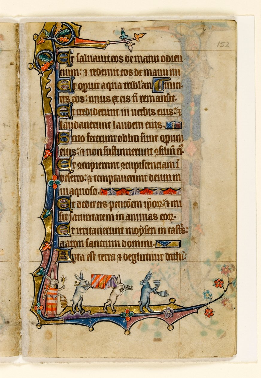 MS 1-2005, fol. 152r: A Rabbit Funeral Procession, marginální výzdoba z Macclesfield Psalter, Use of Sarum, East Anglia, cca 1330 od English School