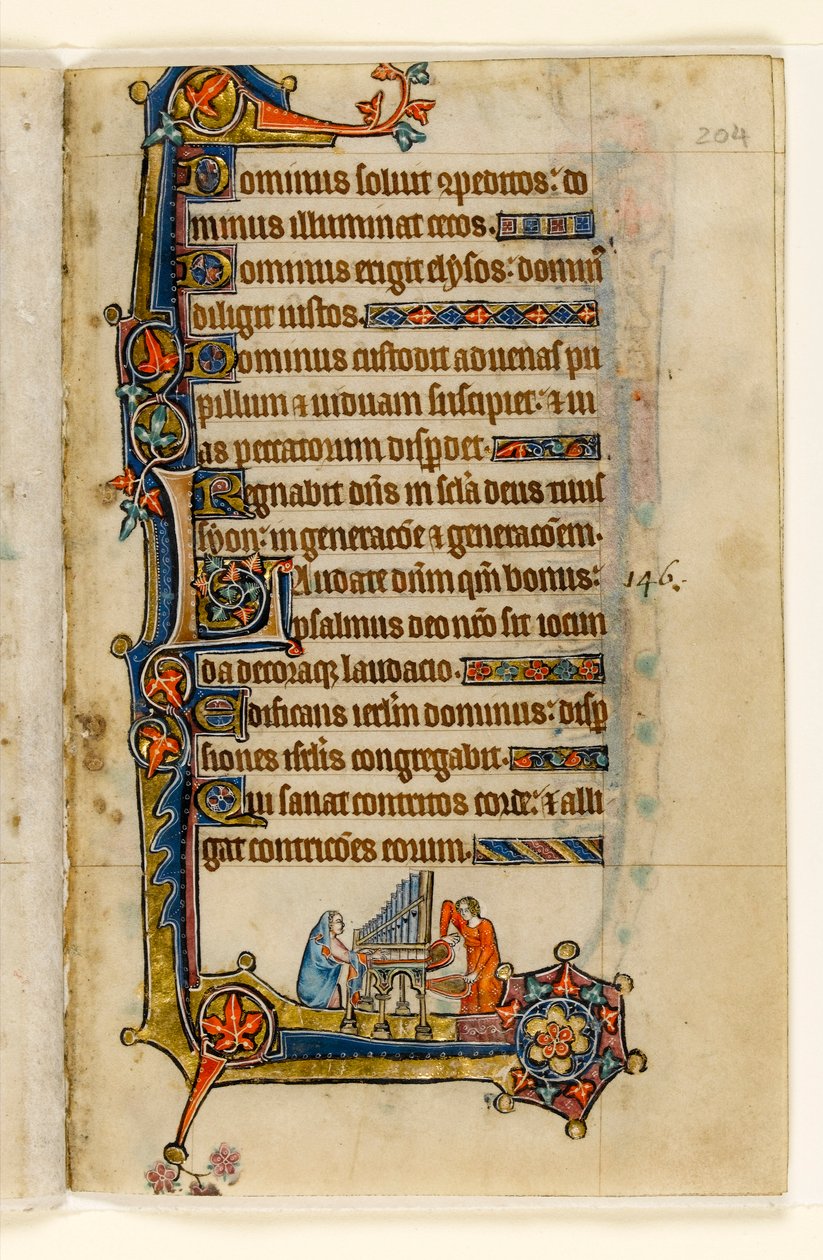 MS 1-2005, fol. 204r: Hra na varhany, okrajová dekorace z Macclesfieldského žaltáře, Use of Sarum, East Anglia, c.1330 od English School