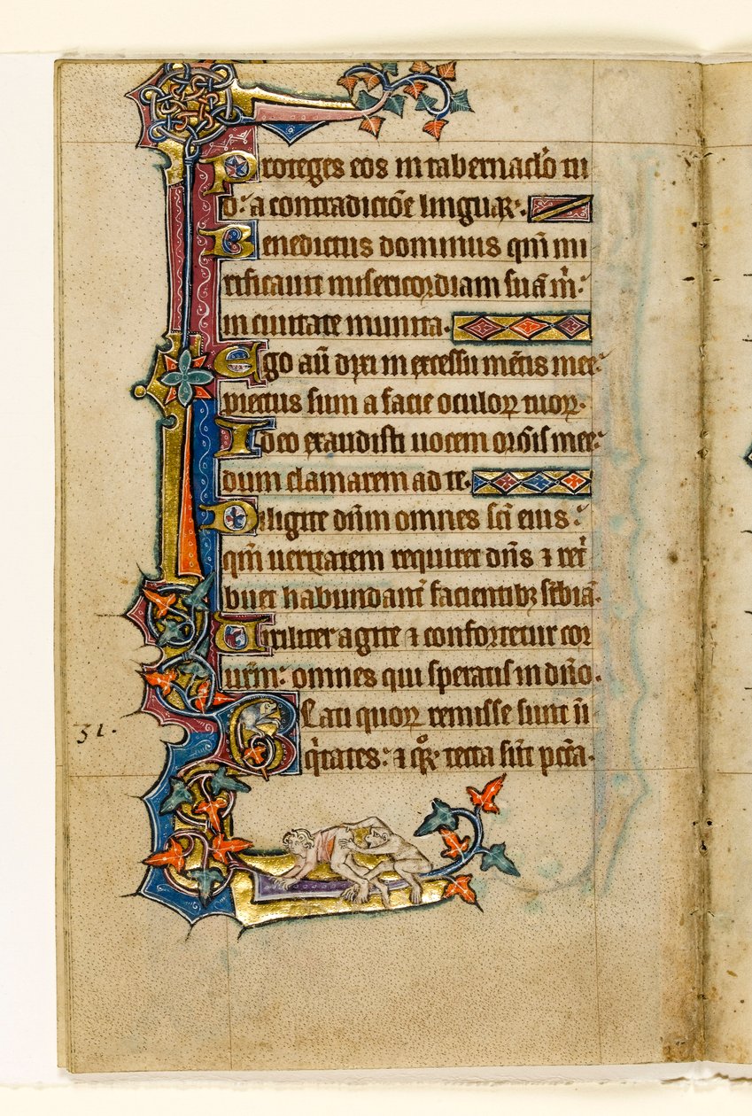MS 1-2005, fol. 45v: An Ape peering in a Mans Bottom, okrajová dekorace z Macclesfieldova žaltáře, Use of Sarum, East Anglia, c.1330 od English School