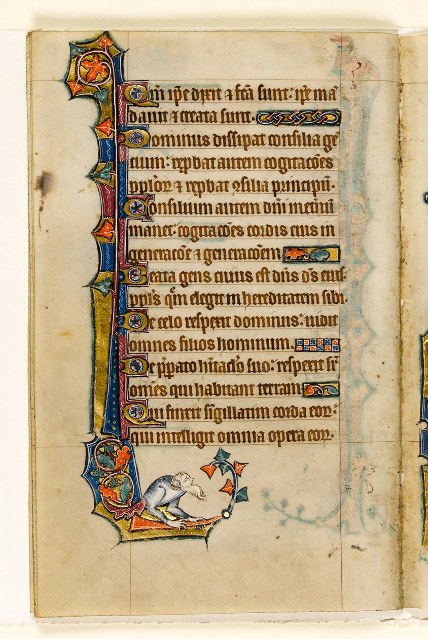 MS 1-2005, fol. 47v: Groteskní okrajová dekorace z Macclesfieldského žaltáře, Use of Sarum, East Anglia, c.1330 od English School