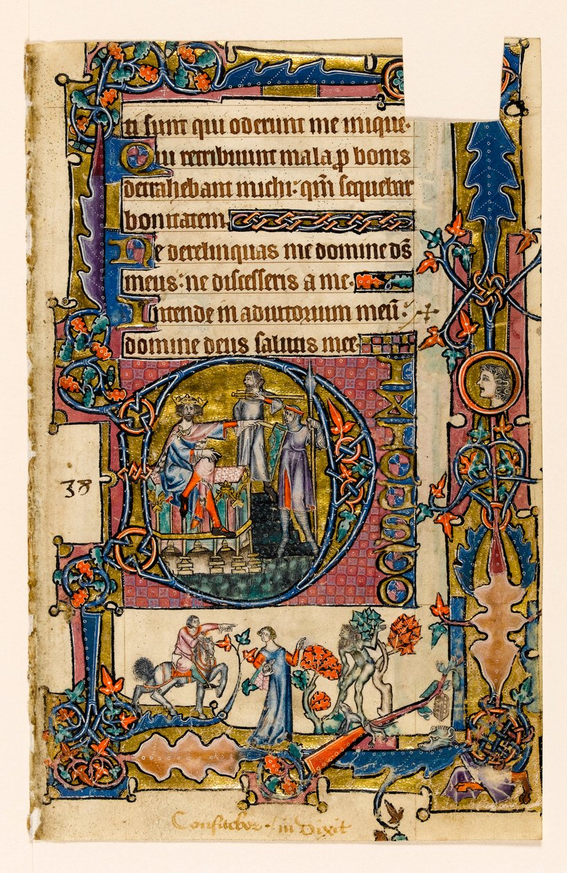 MS 1-2005, fol. 58r: Saul posílá Doega zabít kněze Noba, historická iniciála z Macclesfieldova žaltáře, Use of Sarum, East Anglia, kolem 1330 od English School