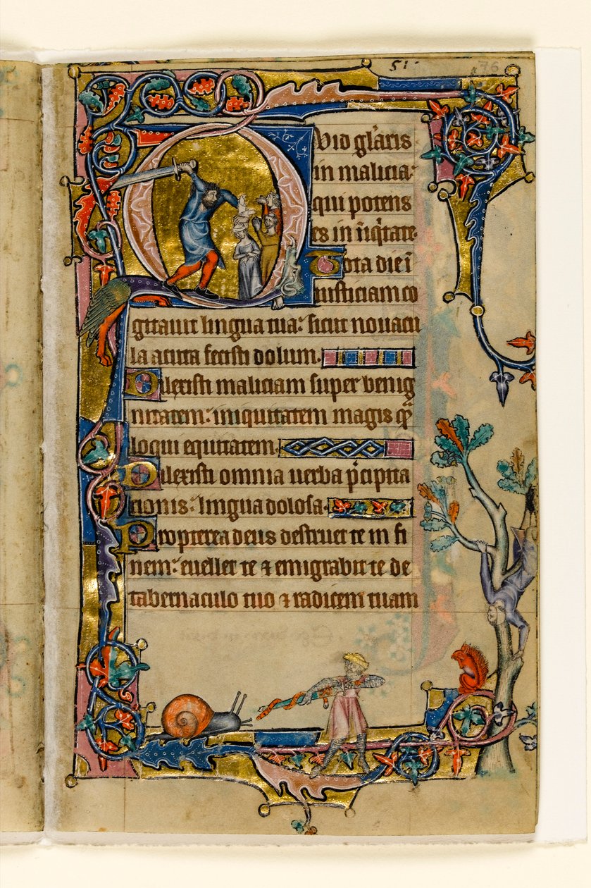 MS 1-2005, fol. 76r: Doeg zabíjející kněze Noba, historická iniciála z Macclesfieldova žaltáře, Use of Sarum, East Anglia, kolem roku 1330 od English School