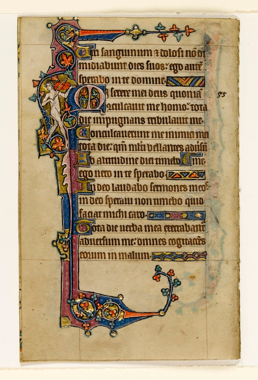 MS 1-2005, fol. 80v: A Naked Musician, okrajová dekorace z Macclesfieldského žaltáře, Use of Sarum, East Anglia, c.1330 od English School