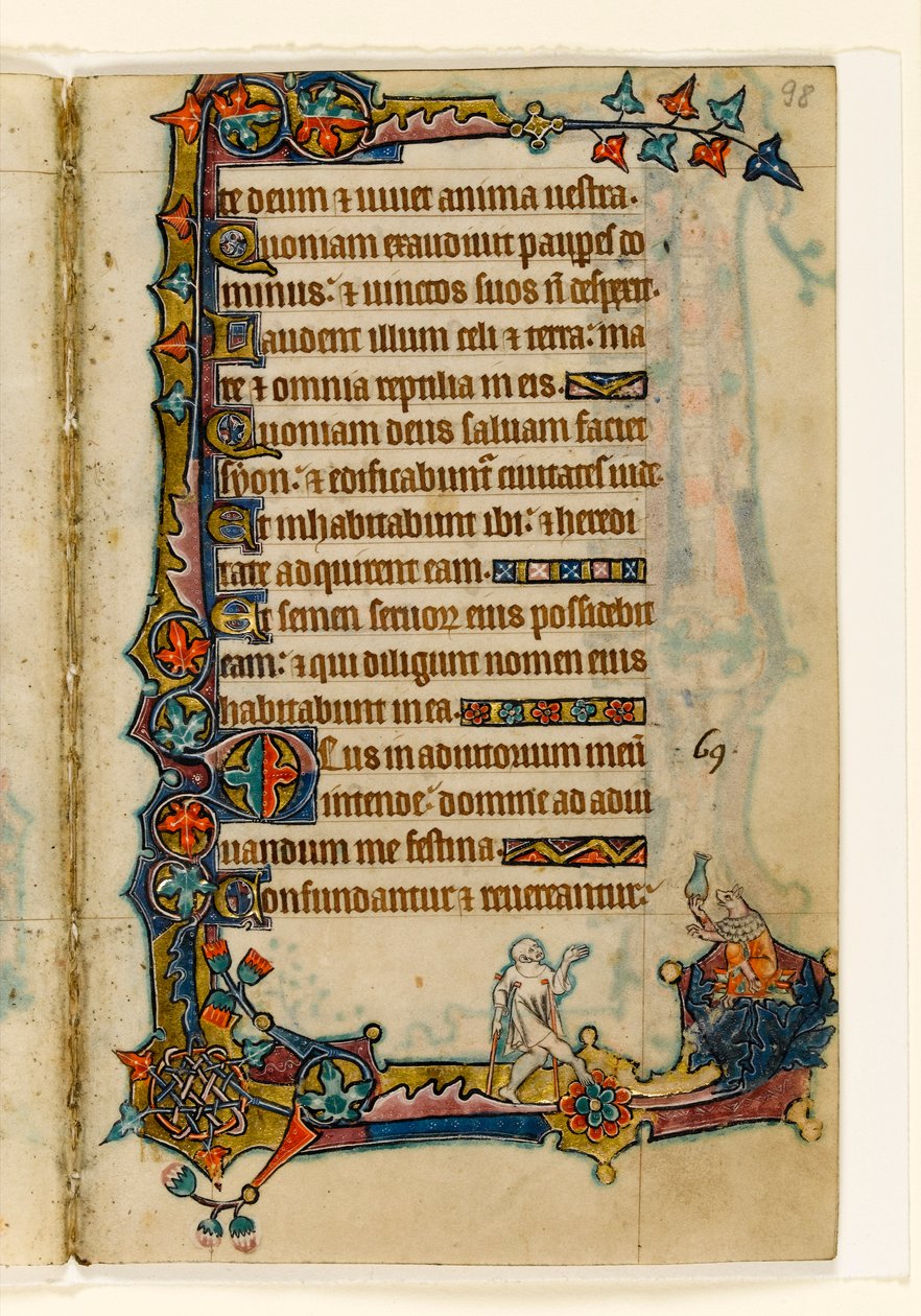 MS 1-2005, fol. 98r: A Beggar and a Wealthy Pig (?), okrajová dekorace z Macclesfieldského žaltáře, Use of Sarum, East Anglia, kolem 1330 od English School
