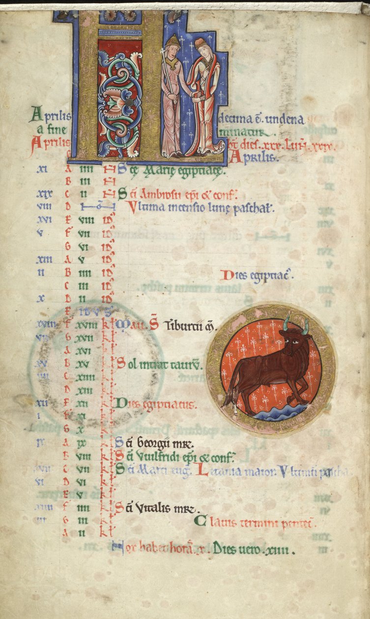 MS Hunter 229 f.2v April, z Hunterian Psalter, cca 1170 (pero a inkoust a tempera na pergamenu) od English School