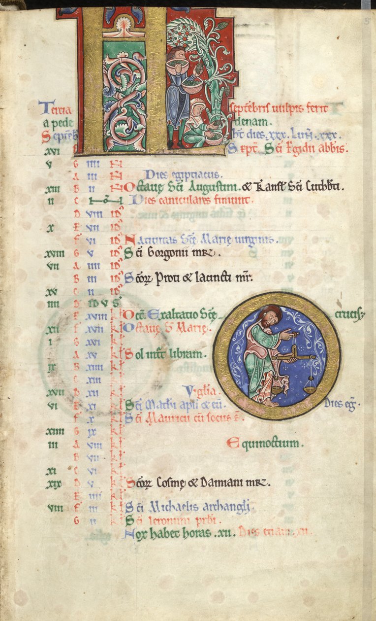 MS Hunter 229 f.5r září, z Hunterian Psalter, kolem 1170 (pero a inkoust a tempera na pergamenu) od English School
