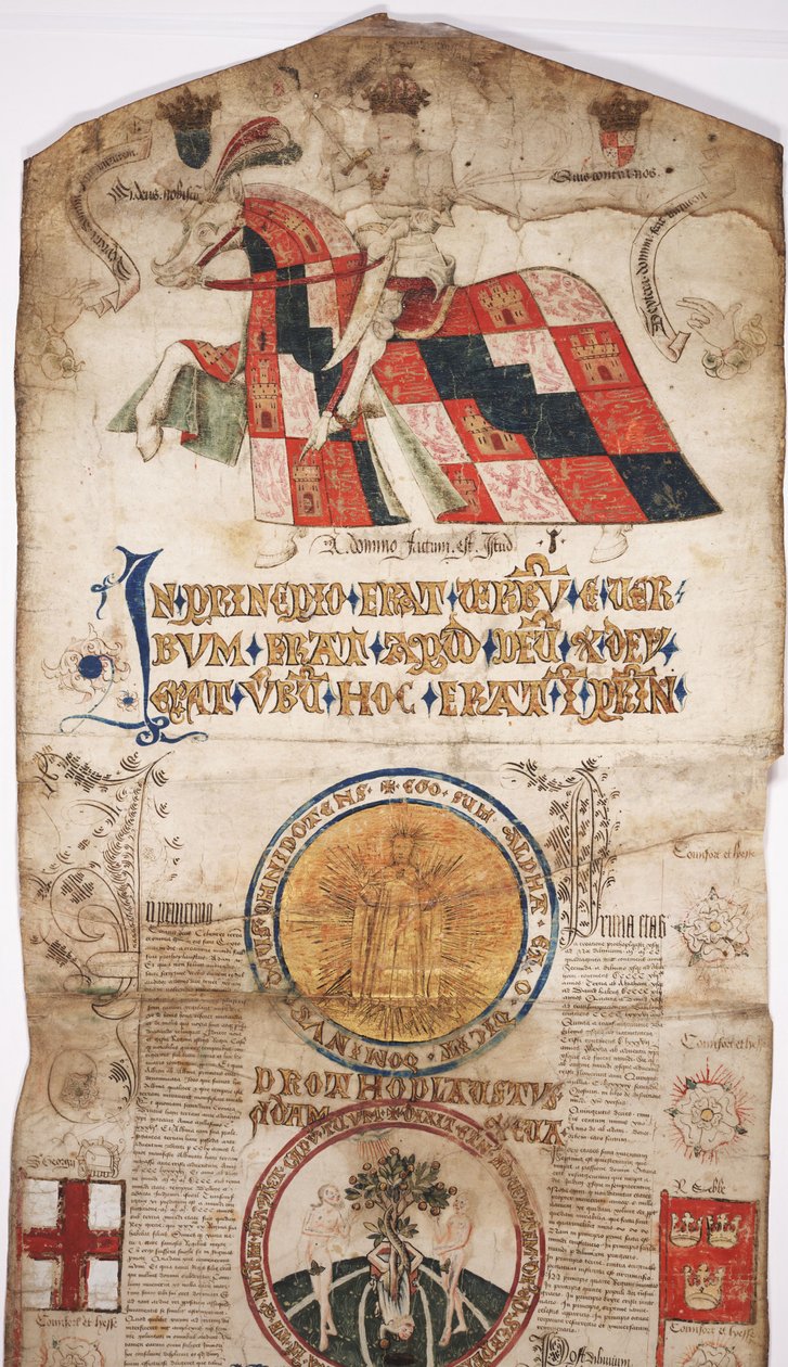 MS Lewis E 201 sekce 1, Kronika dějin světa od stvoření po Woden, s genealogií Edwarda IV., kolem roku 1461 (pero a inkoust, tempera a zlato na pergamenu) od English School