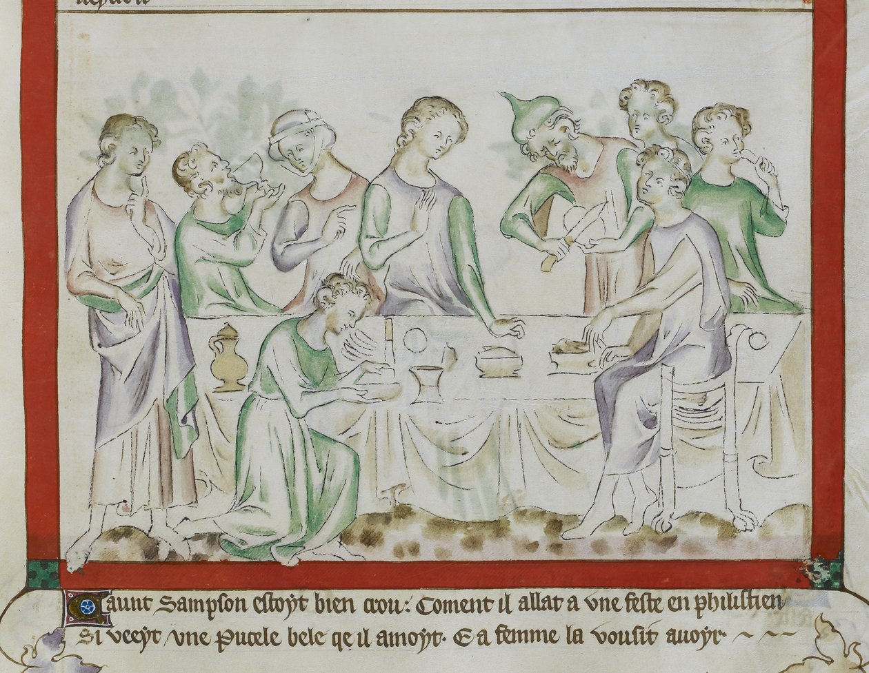 MS Royal 2 BVII, f.43 Setkání Samsona a Dalily na filištínské hostině, detail z 