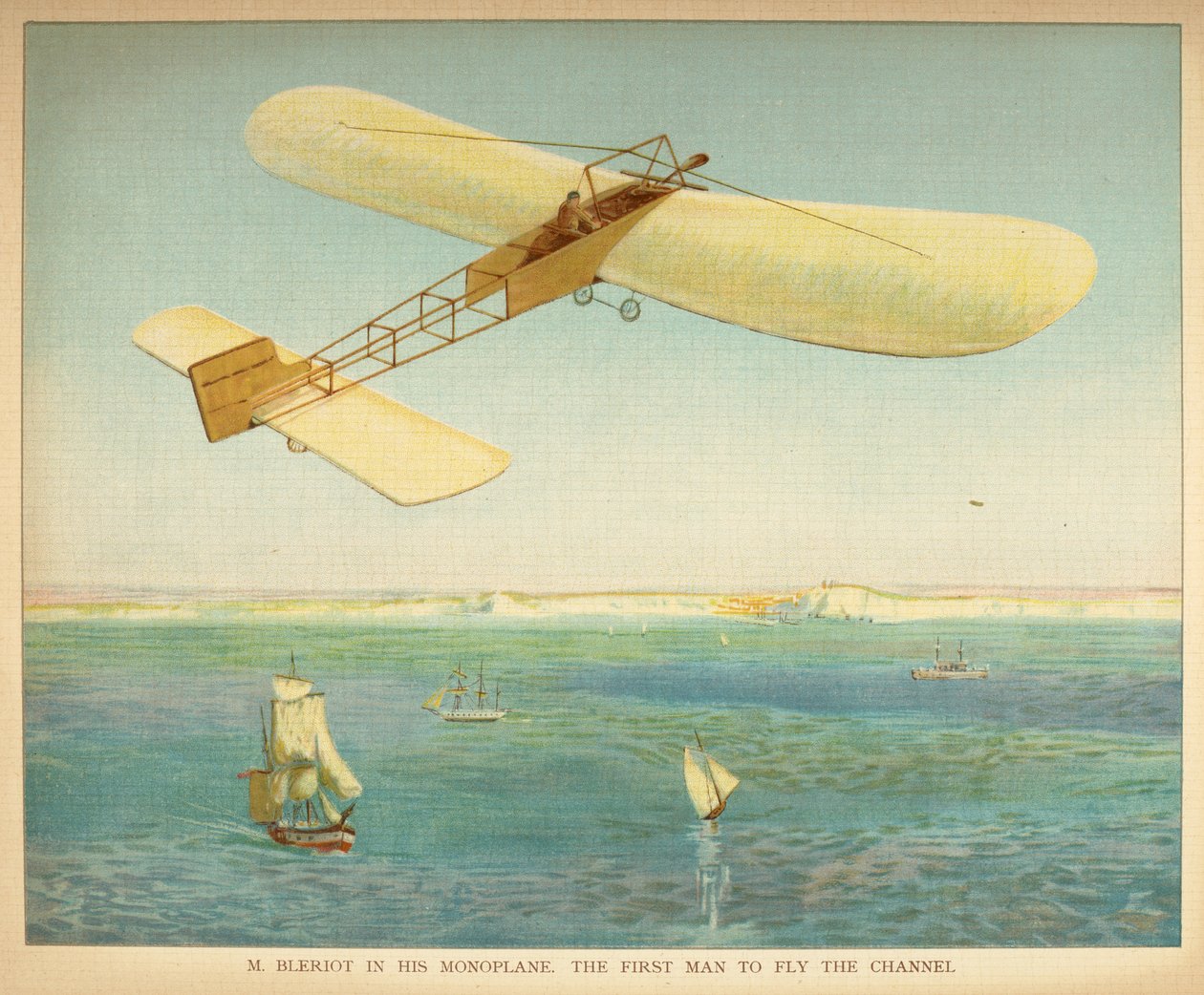 M. Bleriot ve svém jednoplošníku. První muž, který letěl kanálem. Lidová kniha vzducholodí. Londýn: Ernest Nister, [1912] od English School