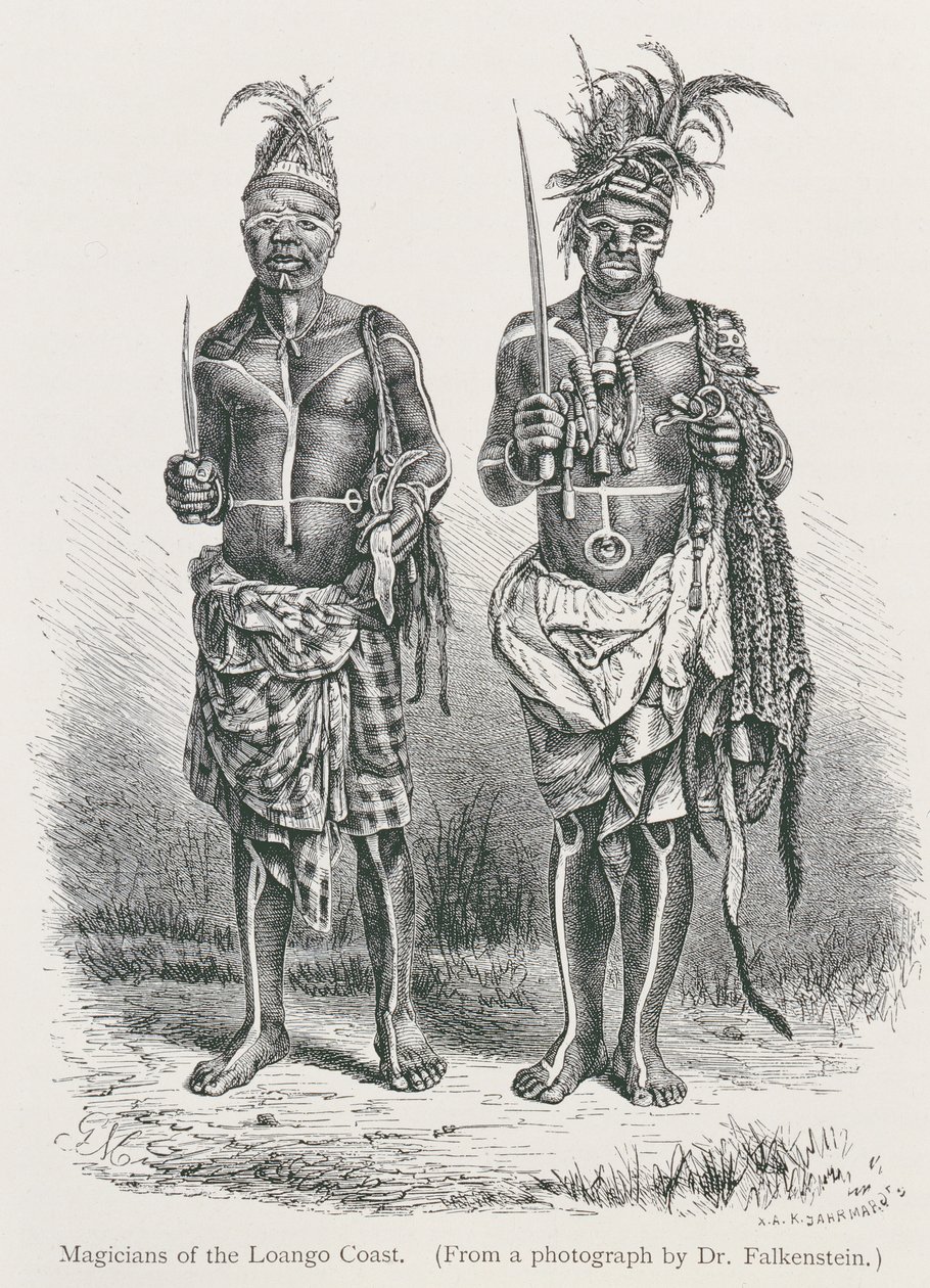 Mágové z pobřeží Loango, rytina z fotografie Dr. Falkensteina, z knihy "Dějiny lidstva", 1. díl, autor Prof. Friedrich Rayzel, 1896. od English School
