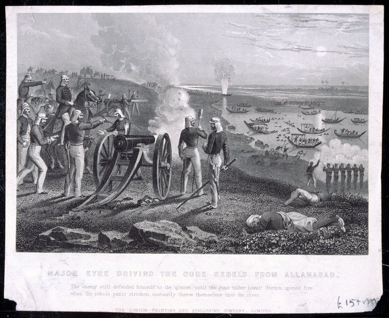 Major Eyre řídil Oude Rebels z Allahabad, publikoval The London Printing and Publishing Company Limited, 1857 od English School