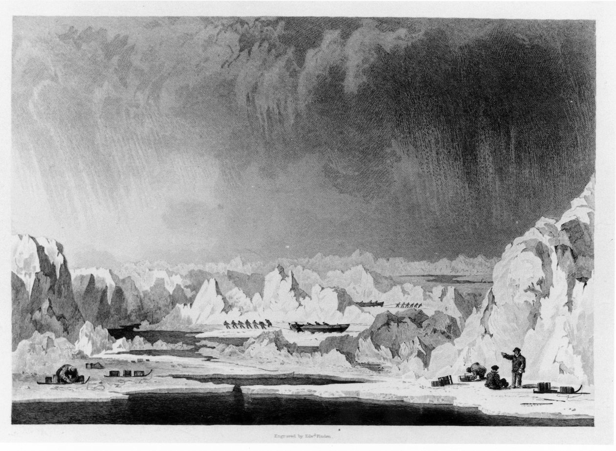 Manipulace člověka s člunem přes ledové kry, ilustrace z knihy Williama Parryho Narrative of an Attempt to Reach the North Pole, vyryl Edward Finden (1791-1857), vydáno 1828 (čb ph). od English School
